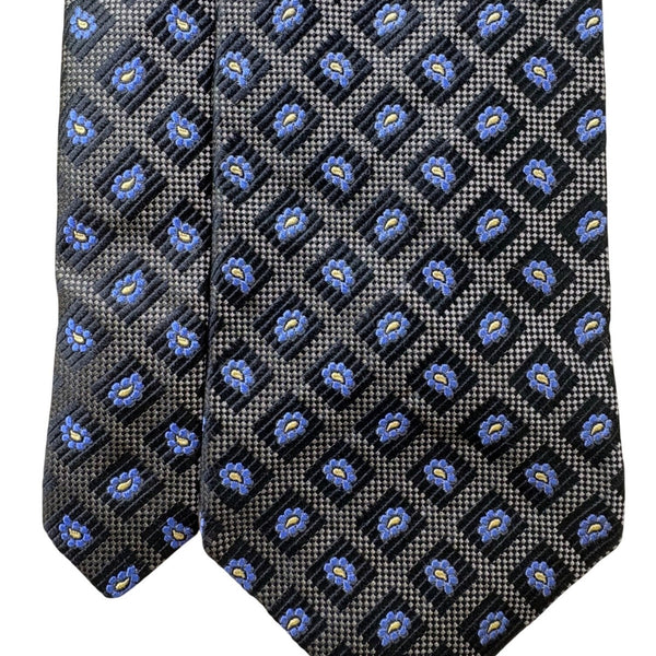 XM Platinum All Silk Handmade Tie Black With Blue Floral Pattern Made In USA