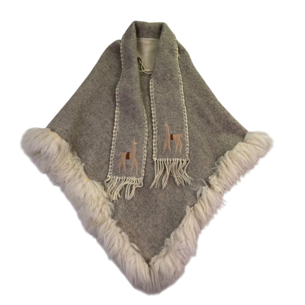 Womens Beige Alpaca-Inspired Embroidered Wool Poncho W/ Fringe & Fur Trim