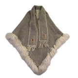 Womens Beige Alpaca-Inspired Embroidered Wool Poncho W/ Fringe & Fur Trim