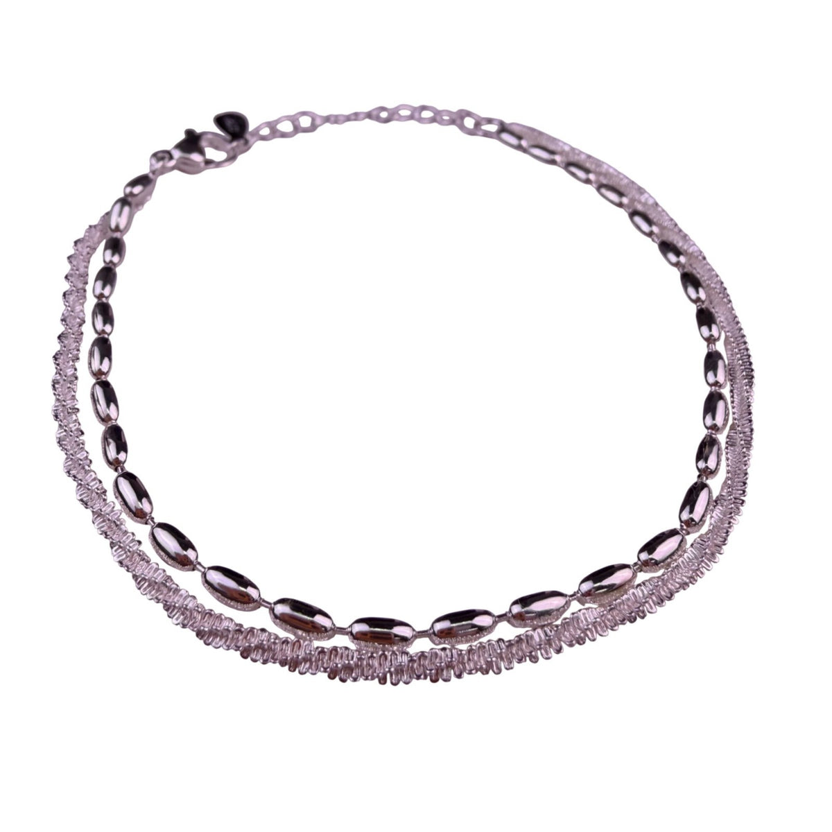 Sterling Silver Womens Two-Strand Bracelet Beaded & Textured Chain Design