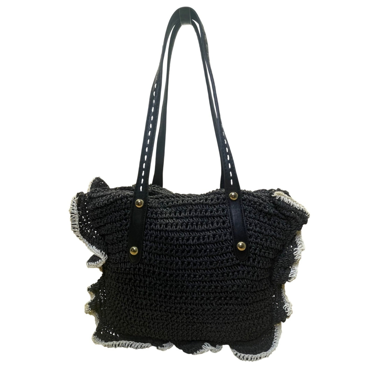 Jessica Simpson Women’s Black Straw Contrast Trim Ruffle Shoulder Tote Bag