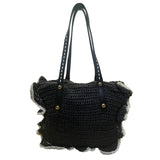 Jessica Simpson Women’s Black Straw Contrast Trim Ruffle Shoulder Tote Bag