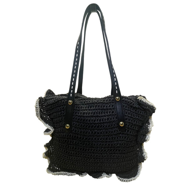 Jessica Simpson Women’s Black Straw Contrast Trim Ruffle Shoulder Tote Bag