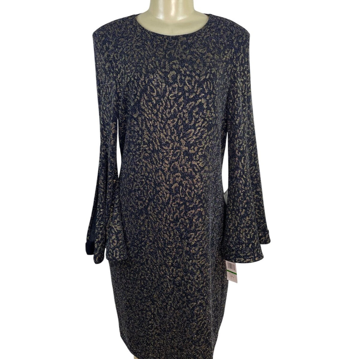MSK Womens Metallic Knit Bell Sleeve Dress Black/Gold Keyhole Back Sz L - New
