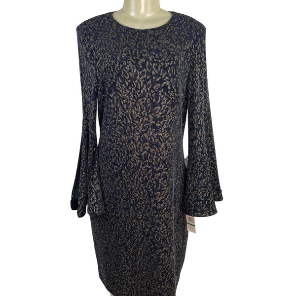 MSK Womens Metallic Knit Bell Sleeve Dress Black/Gold Keyhole Back Sz L - New