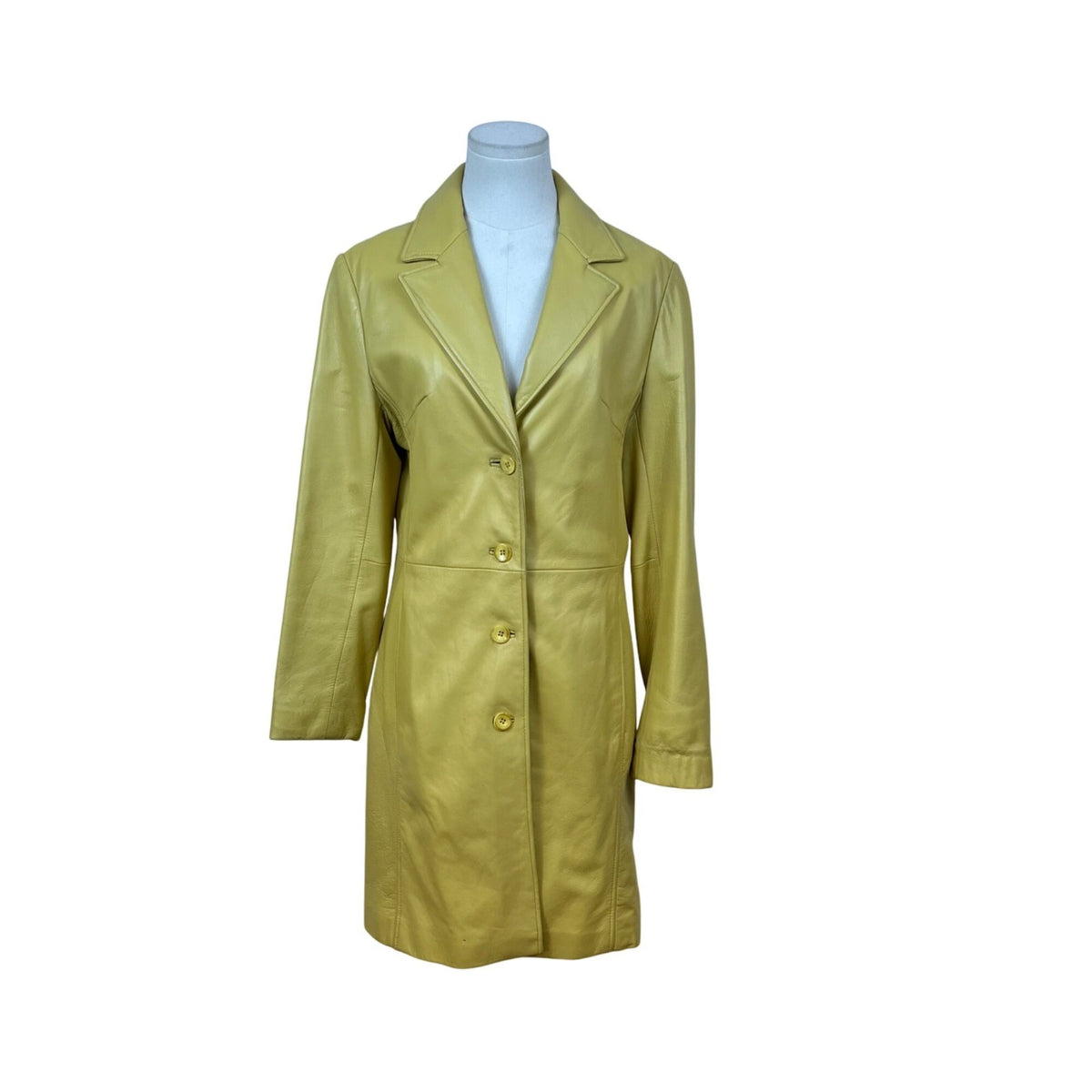 Couture Womens Yellow Leather Jacket With Satin Lining  Slim Fit Button-Up Sz S