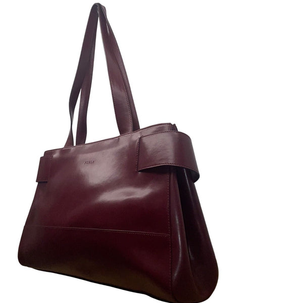 Furla Womens Burgundy Leather Genuine Italian Double Shoulder Straps Tote Bag