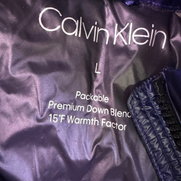 Calvin Klein Womens Blue Hooded Packable Down Blend Jacket Size L
