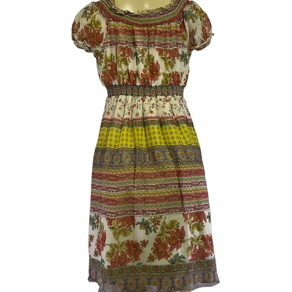 Mimi Maternity Floral Print Silk Dress M Multicolor Smocked Waist & Neckline New