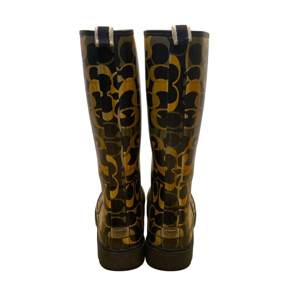 Coach Womens Black & Yellow Rubber Patterned Paisley Rain Boots Size 8M