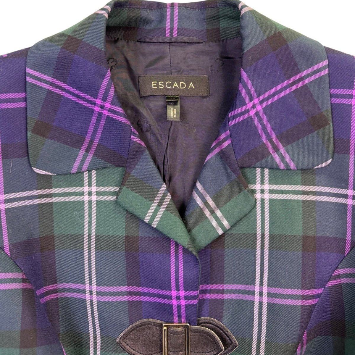 Escada Womens Green & Purple Plaid Wool Blazer Jacket With Buckle Closures Size