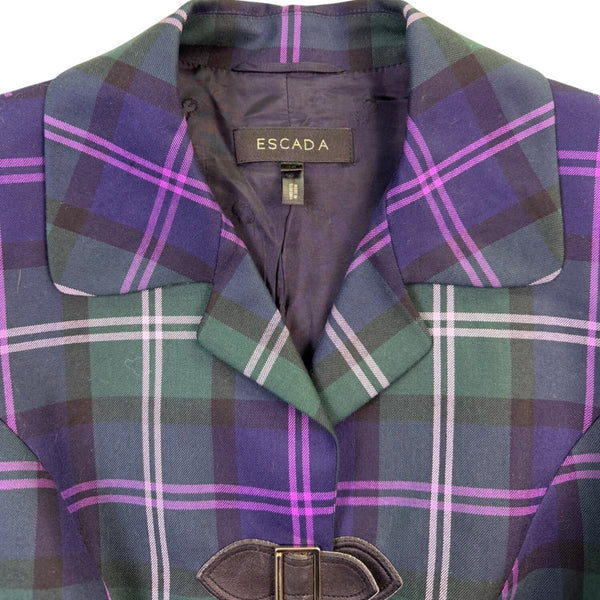 Escada Womens Green & Purple Plaid Wool Blazer Jacket With Buckle Closures Size