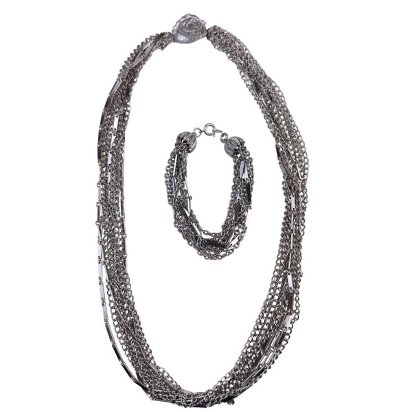 Vintage Unknown Womens Silver Tone Metal Multi Chain Necklace & Bracelet Set