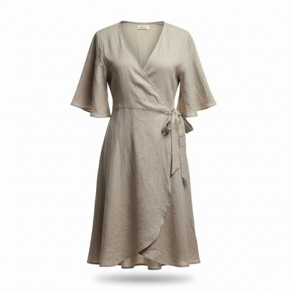 Lu•Ciee Womens Beige Linen Wrap Dress Eco-Friendly Summer Tie Waist Sz S
