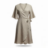 Lu•Ciee Womens Beige Linen Wrap Dress Eco-Friendly Summer Tie Waist Sz S