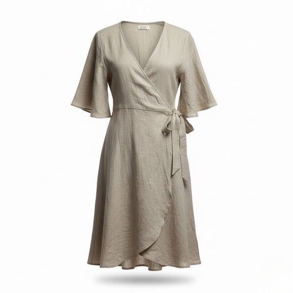 Lu•Ciee Womens Beige Linen Wrap Dress Eco-Friendly Summer Tie Waist Sz S