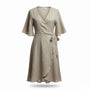 Lu•Ciee Womens Beige Linen Wrap Dress Eco-Friendly Summer Tie Waist Sz S