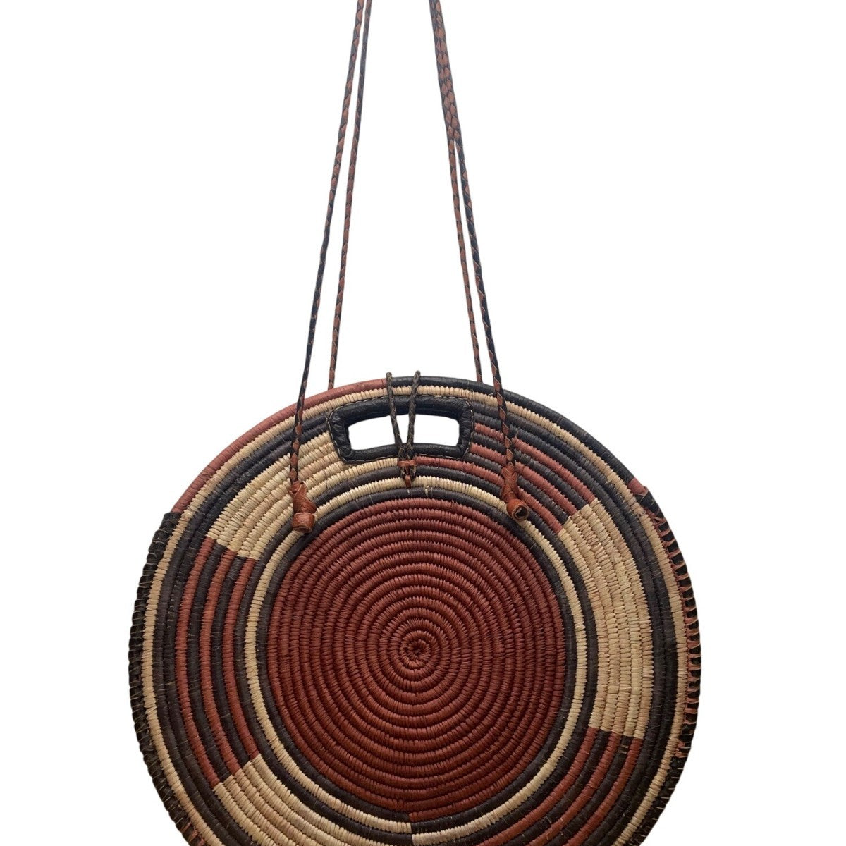 Women’s Woven Straw & Leather Multicolor Round Handbag With Cowrie Shell Trim