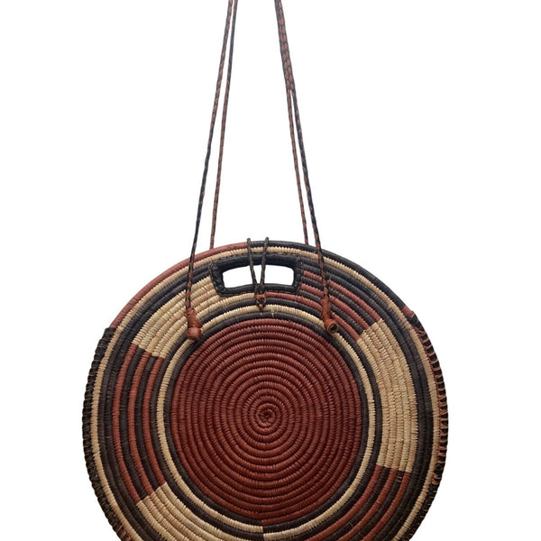 Women’s Woven Straw & Leather Multicolor Round Handbag With Cowrie Shell Trim
