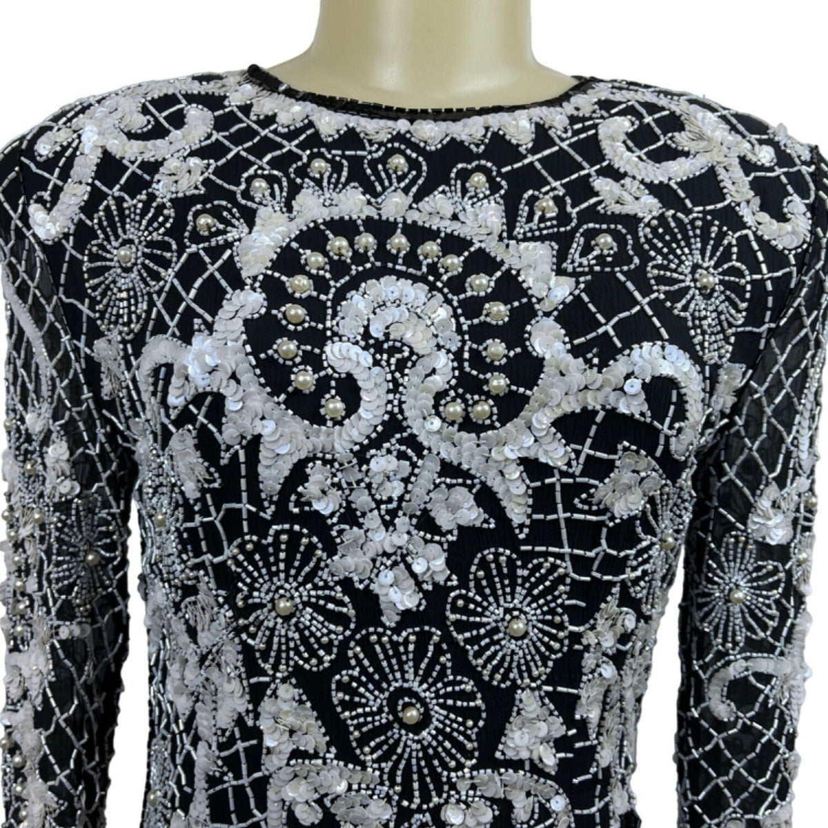 Vintage Sweet Lo Women’s Black and White Beaded Sequin Long Sleeve Dress M New