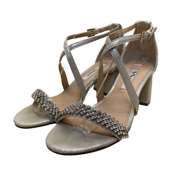 Nina Women’s Silver Strappy Rhinestone Embellished Block Heel Sandals Size 6M