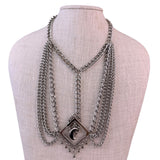 Multi-Strand Metal Chain Moon & Square Pendant Headdress Silver Tone