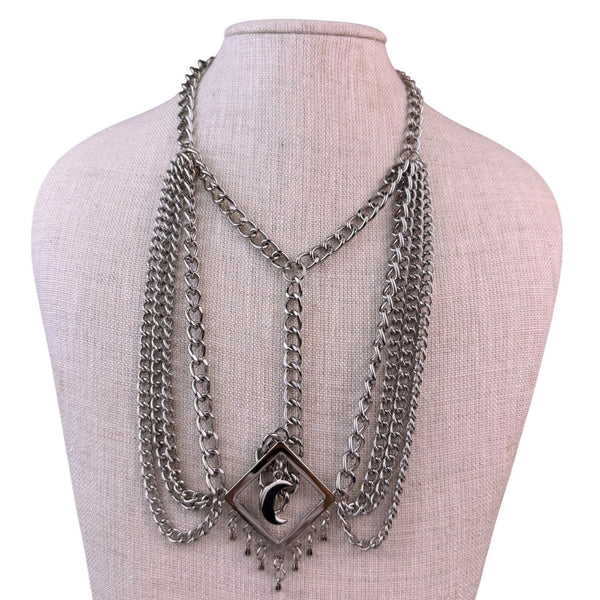 Multi-Strand Metal Chain Moon & Square Pendant Headdress Silver Tone