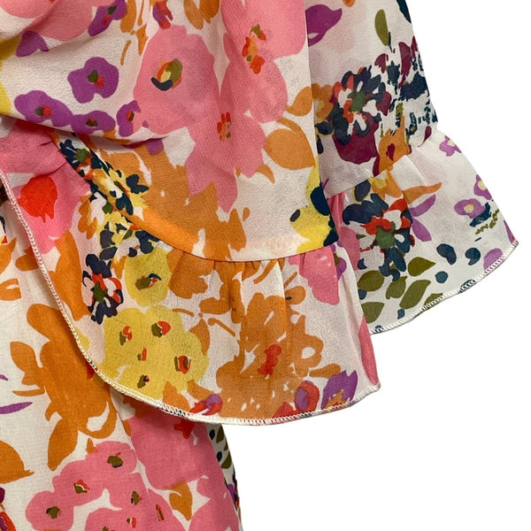 Floral V-Neck Mini Dress With Ruffle Sleeves & Smocked Waist New