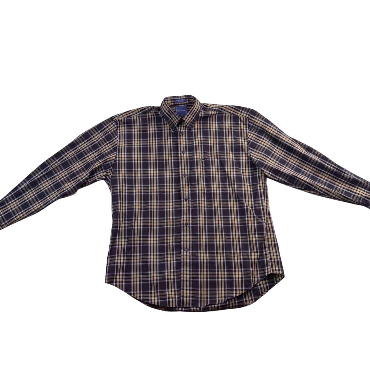 Faconnable Mens Navy & Beige Plaid Button-Up Shirt Casual Fit Size XL