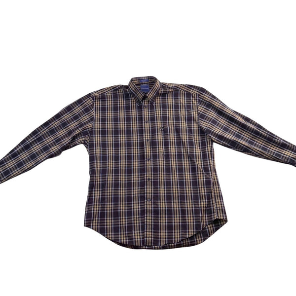 Faconnable Mens Navy & Beige Plaid Button-Up Shirt Casual Fit Size XL