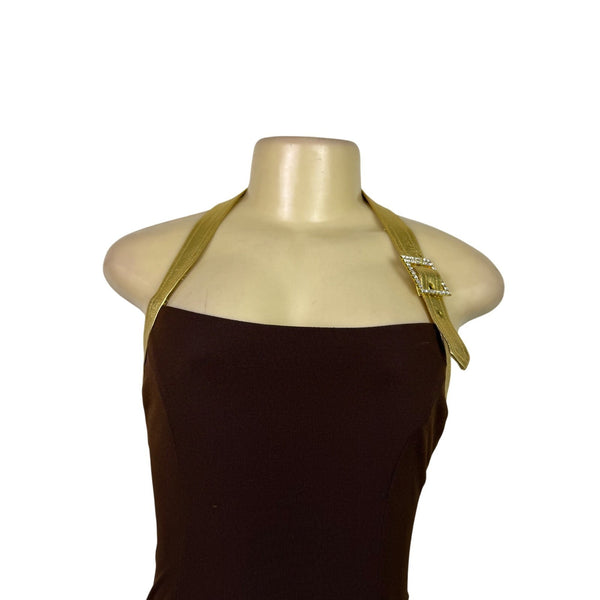 Cache Womens Brown Halter Maxi Gown With Metallic Gold Straps Sz 4