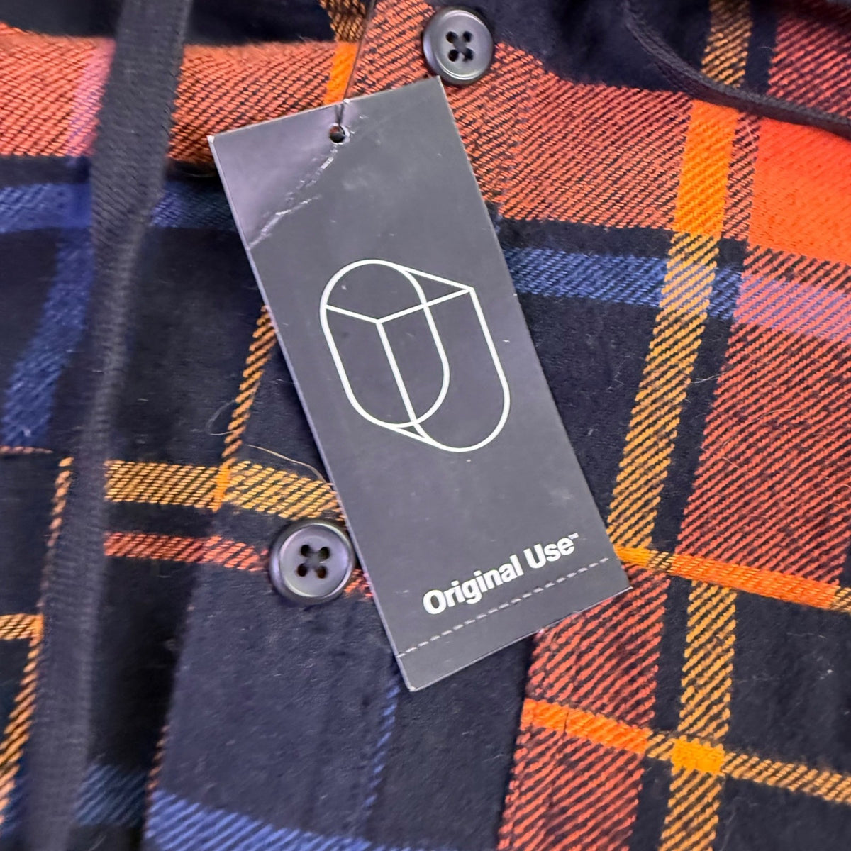 Original Use Mens Orange & Navy Plaid Cotton Hooded Button-Up Shirt Size M