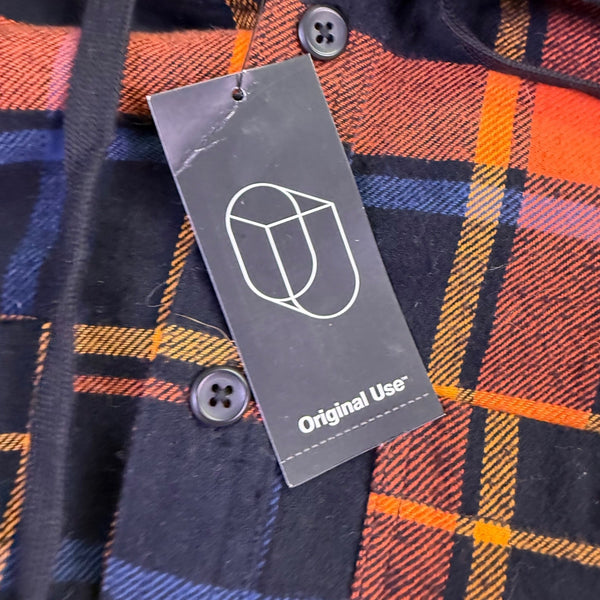Original Use Mens Orange & Navy Plaid Cotton Hooded Button-Up Shirt Size M