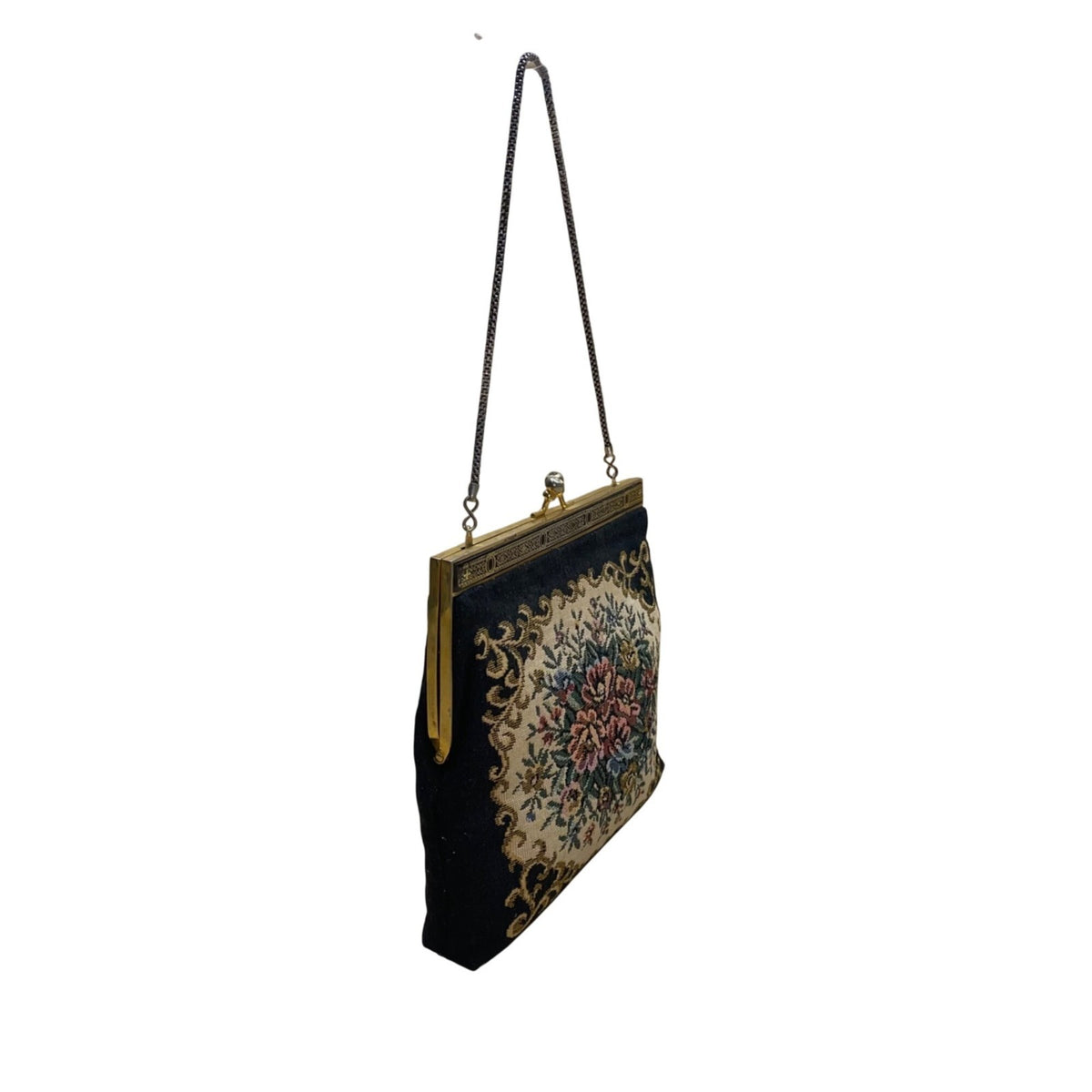 Vintage Women’s Black Floral Embroidered Gold Frame & Chain Strap Purse Handbag