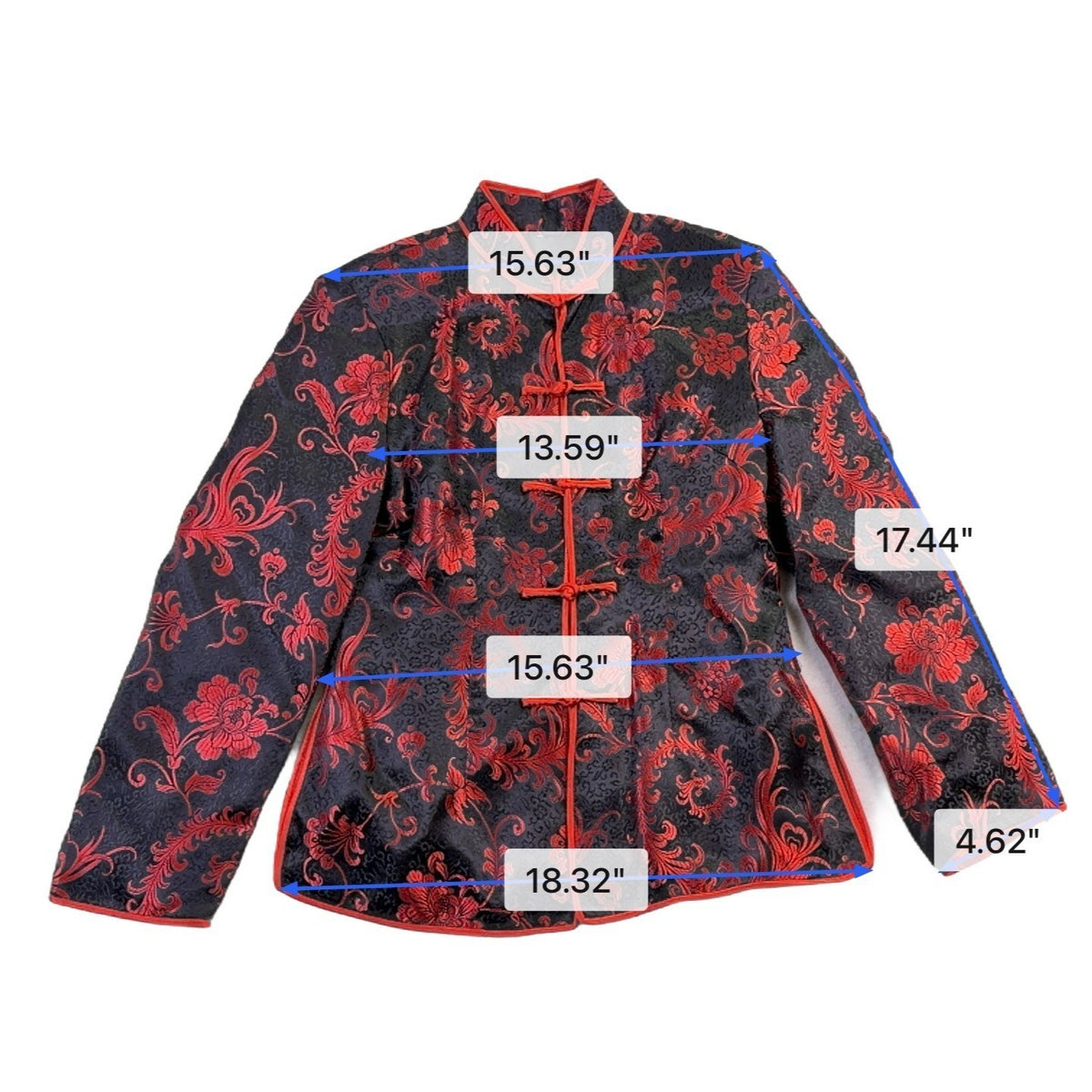 Women Black Red Brocade Floral Mandarin Jacket Laced Up