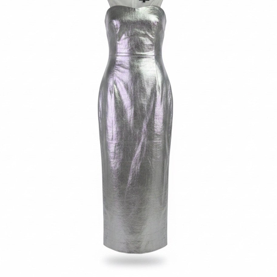 Zara Womens Silver Metallic Denim Fitted Strapless Maxi Dress Stunning Size XS 
