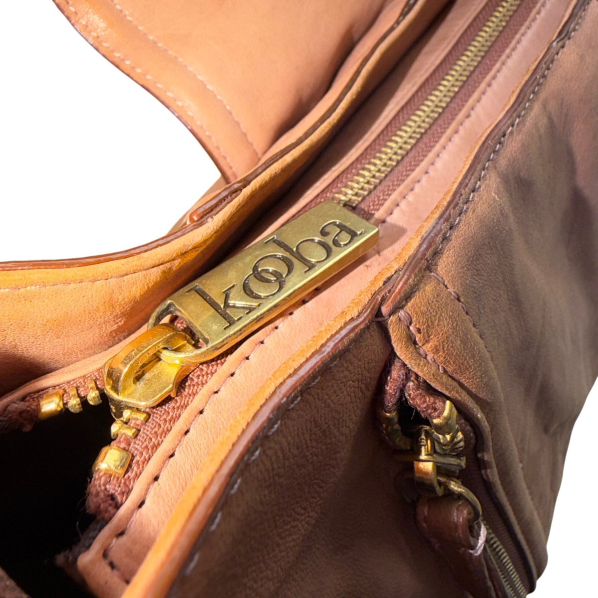 Kooba Women’s Tan Leather Front Brass Hardware Multiple Pockets Shoulder Bag