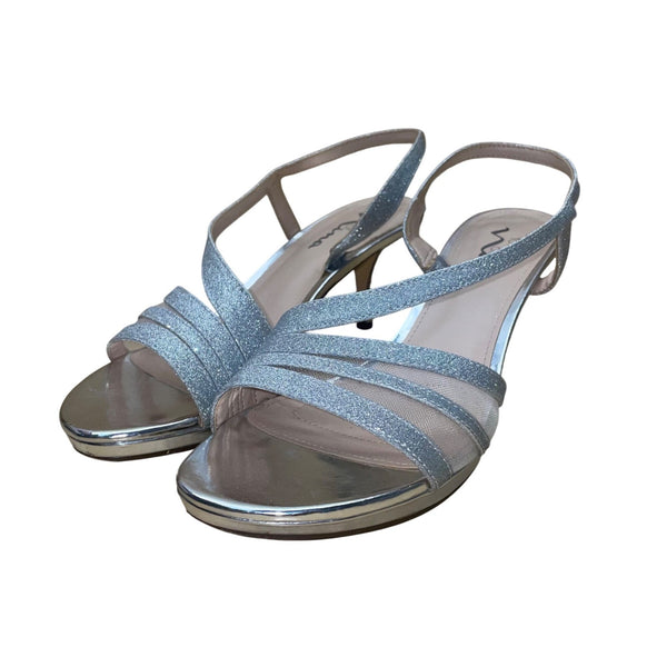 Touch Of Nina Women’s Silver Refined Glitter Leather Sole Heeled Sandals Sz 9.5M