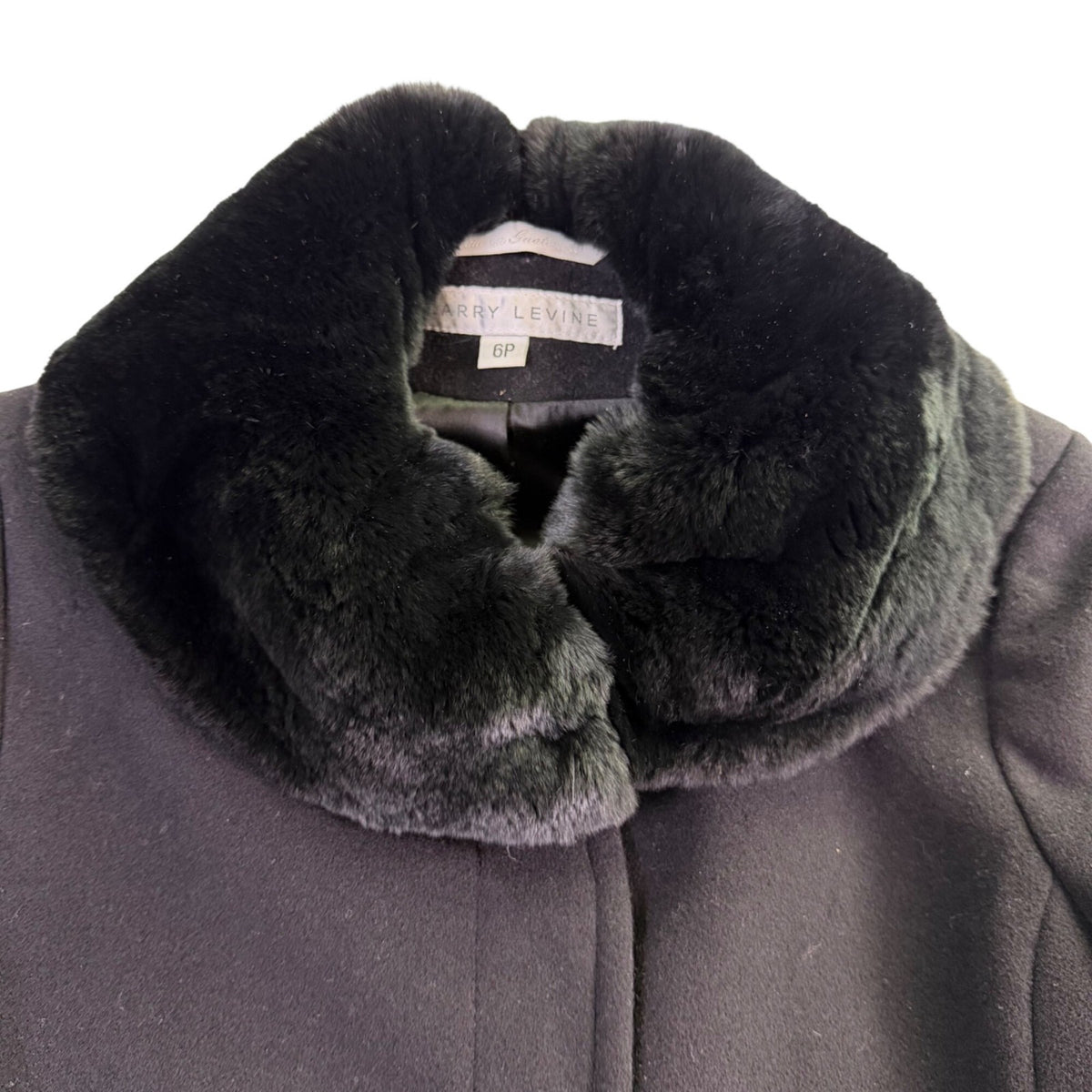 Larry Levine Womens Black Wool Blend Coat With Genuine Rex Rabbit Fur Collar 6P