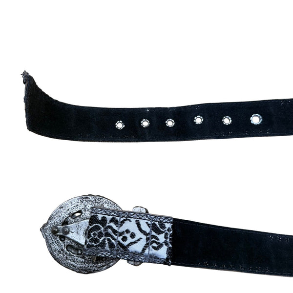 Vintage Black Floral Belt Silver Accents Ornate Buckle  Adjustable Fit