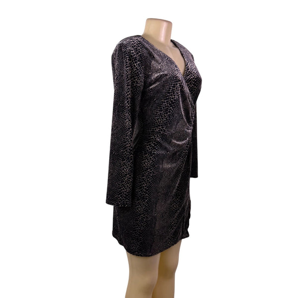 Robbie Bee Womens Black Animal Print Long Sleeve Wrap Dress Size S
