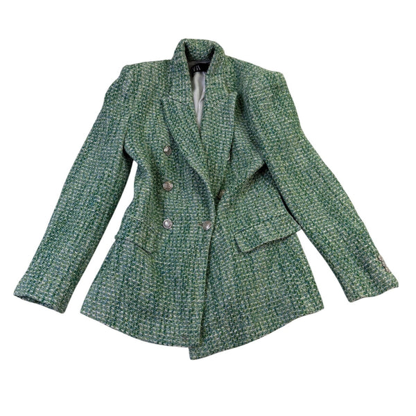 Zara Womens Green Cotton Blend Tweed Double-Breasted Blazer Stylish Morocco Size