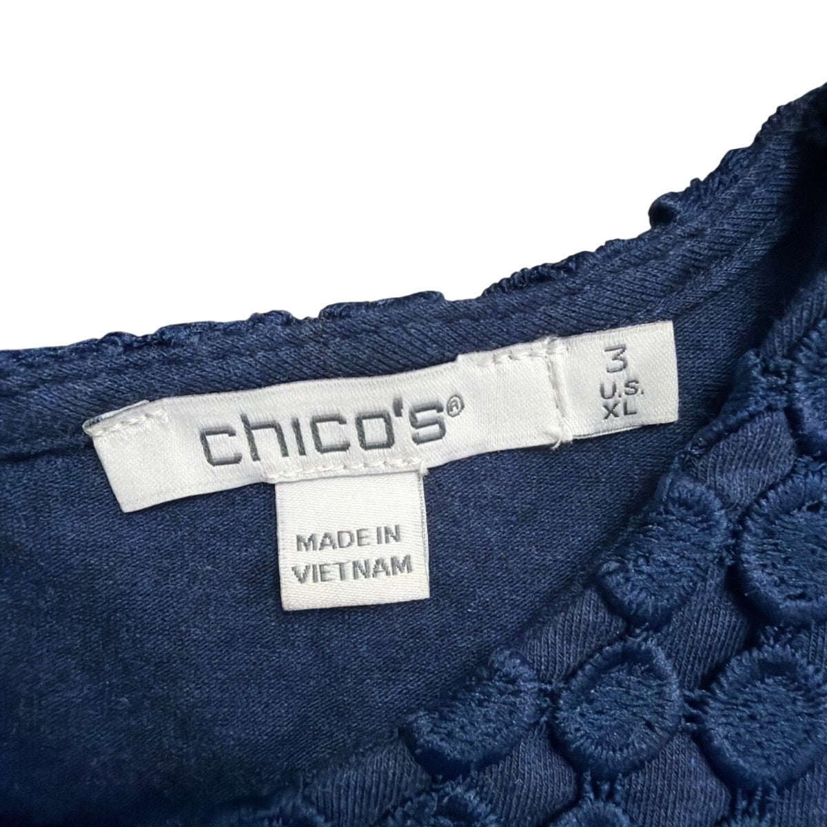 Chicos Womens Navy Top Bell Sleeves Blue Perforated Style Sz XL