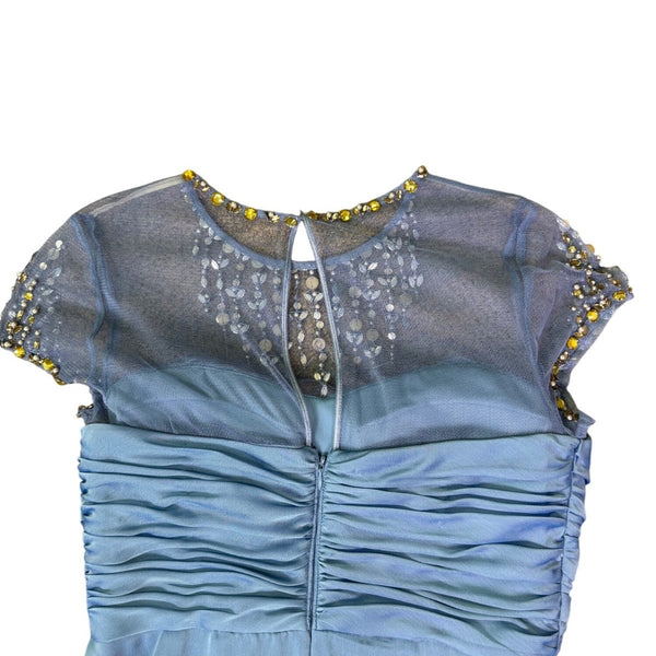 Adrianna Papell Womens Blue Beaded Sheer Sleeve Evening Gown Size 8