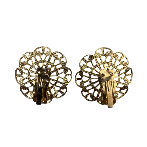 Vintage Gold Tone Flower Clip-On Earrings With Rhinestone Accents Round Filigree
