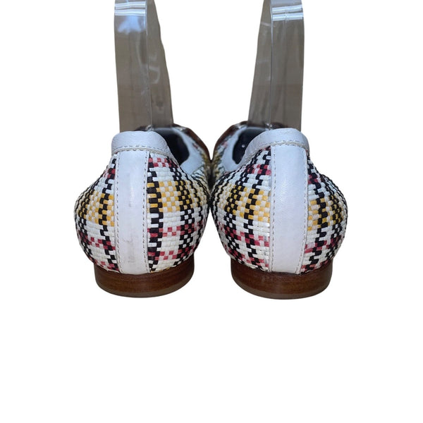 AGL Women’s White Multicolor Patterned Woven Leather Cap Toe Buckle Flats Sz 9US