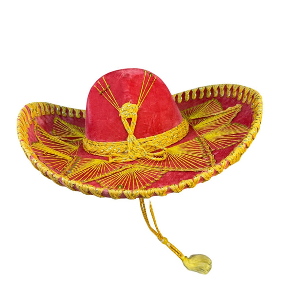 PIGALLE Unisex Red Felt Embroidered Mariachi Sombrero Gold Trim Sequin Accents