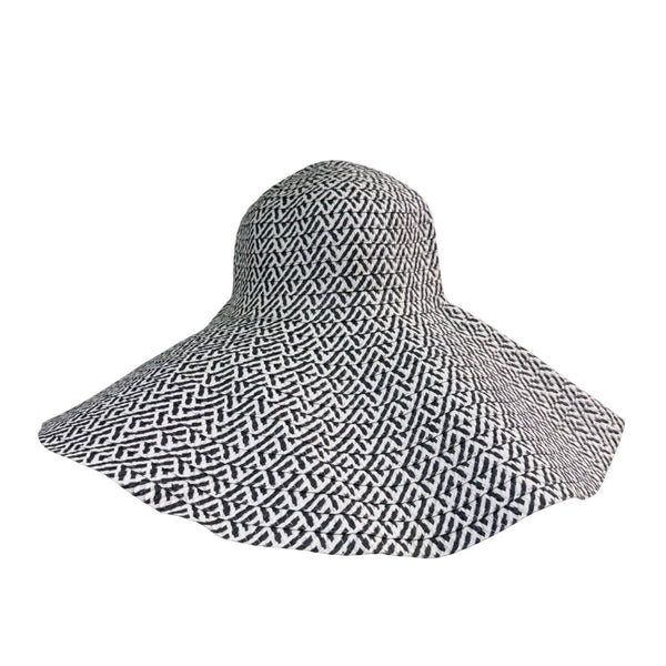 Wide Brim Black & White Cotton Womens Summer Sun Hat With Geometric Print