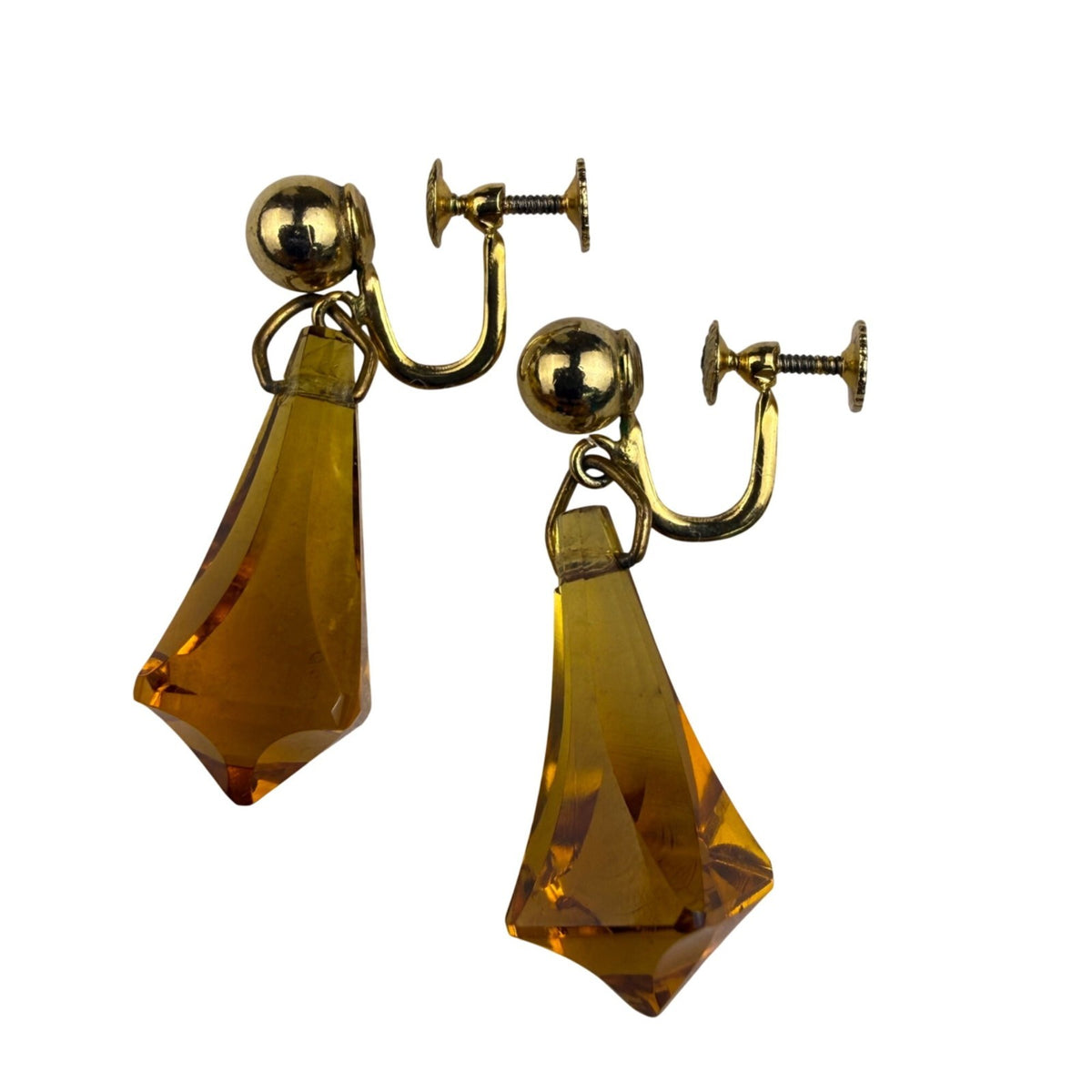 Vintage Gold Tone Amber Crystal Drop Earrings Screw Back Retro Style