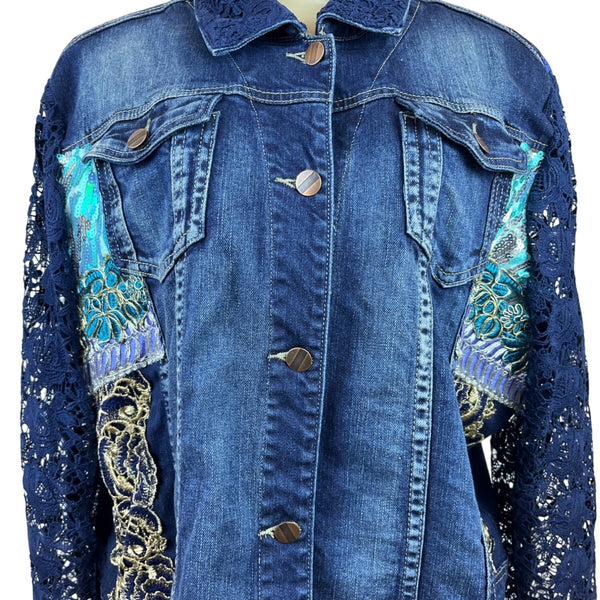 Berek Womens Medium Denim Jacket With Lace Sleeves Size 1X